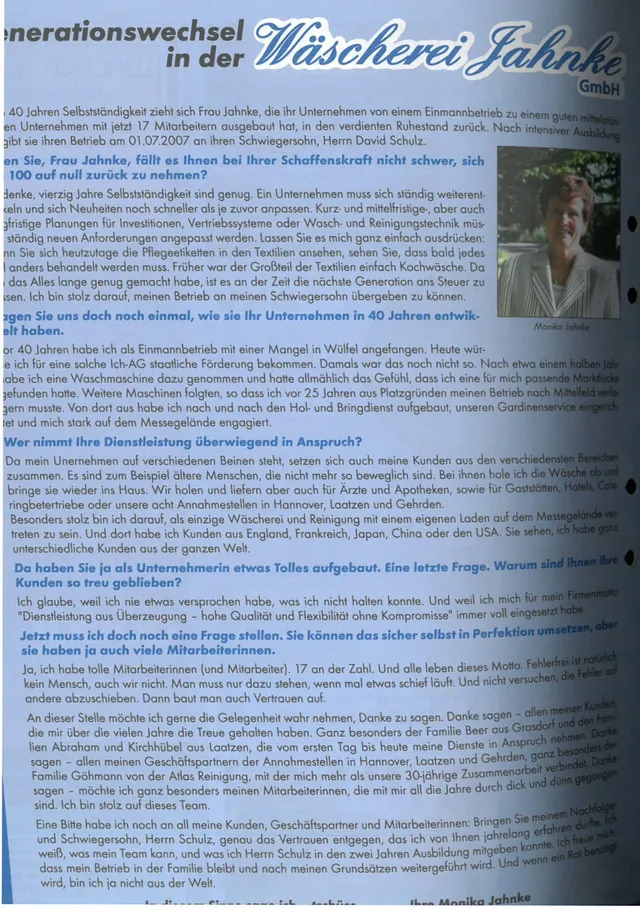 Zeitungsausschnitt: Interview mit Monika Jahnke zum Generationswechsel in der Wäscherei Jahnke, mit ihrem Porträt