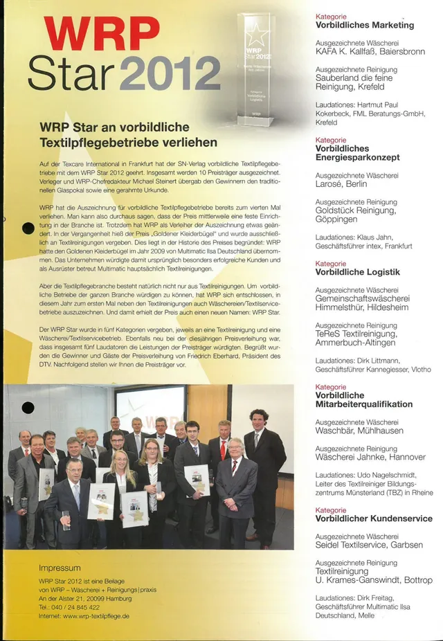 Titelseite der WRP-Beilage „WRP Star 2012“ mit Gruppenfoto der Preisträger und der Liste der Kategorien, darunter die Wäscherei Jahnke in Hannover
