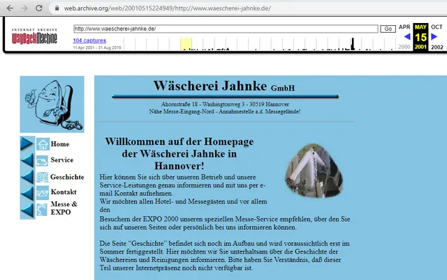 Screenshot der ersten Website waescherei-jahnke.de von 2001 im Internet-Archiv (Wayback Machine)